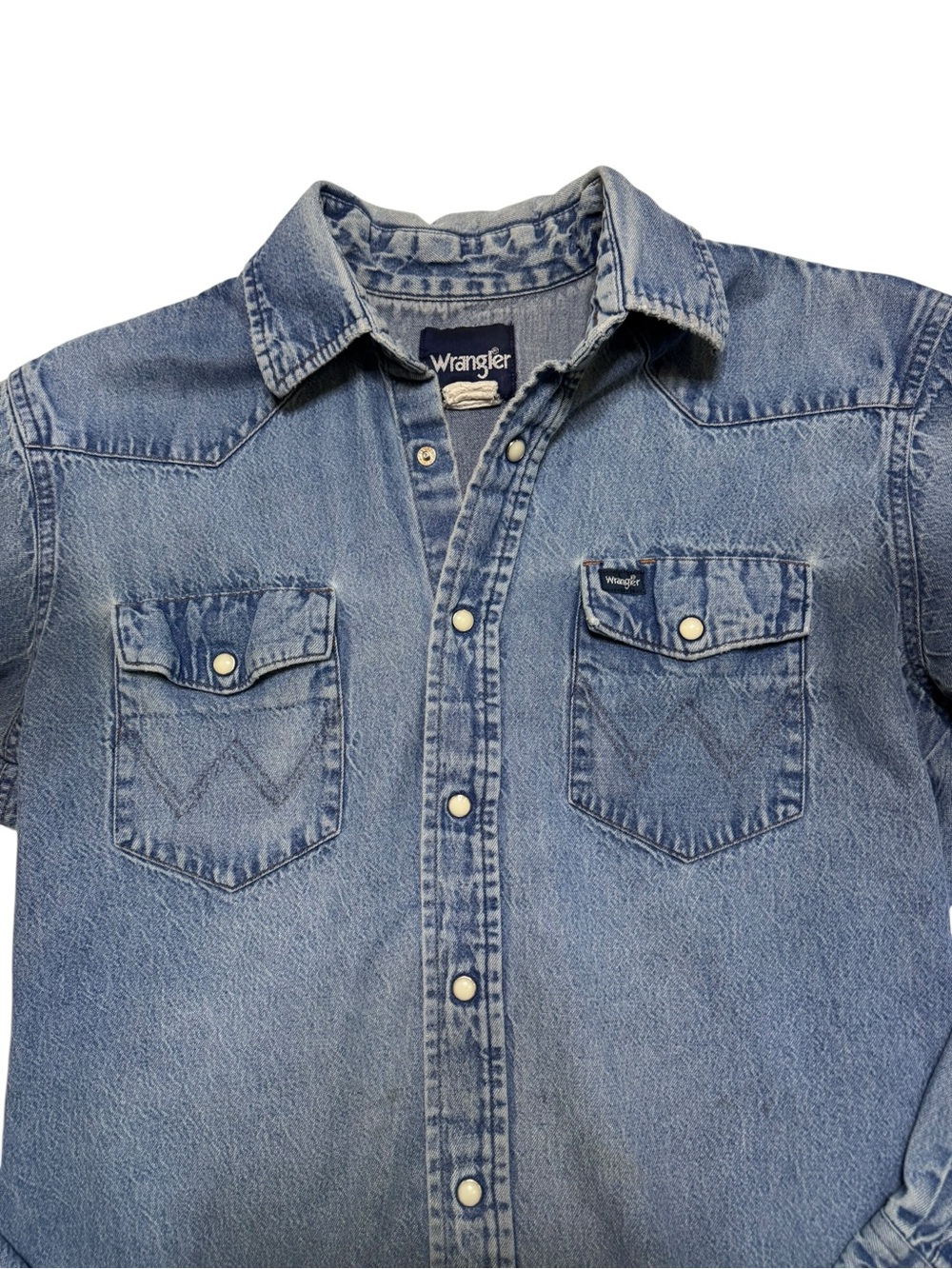 Vintage Wrangler Pearl Snap Denim Western Rancher Shirt Size S? - Picture 2 of 8